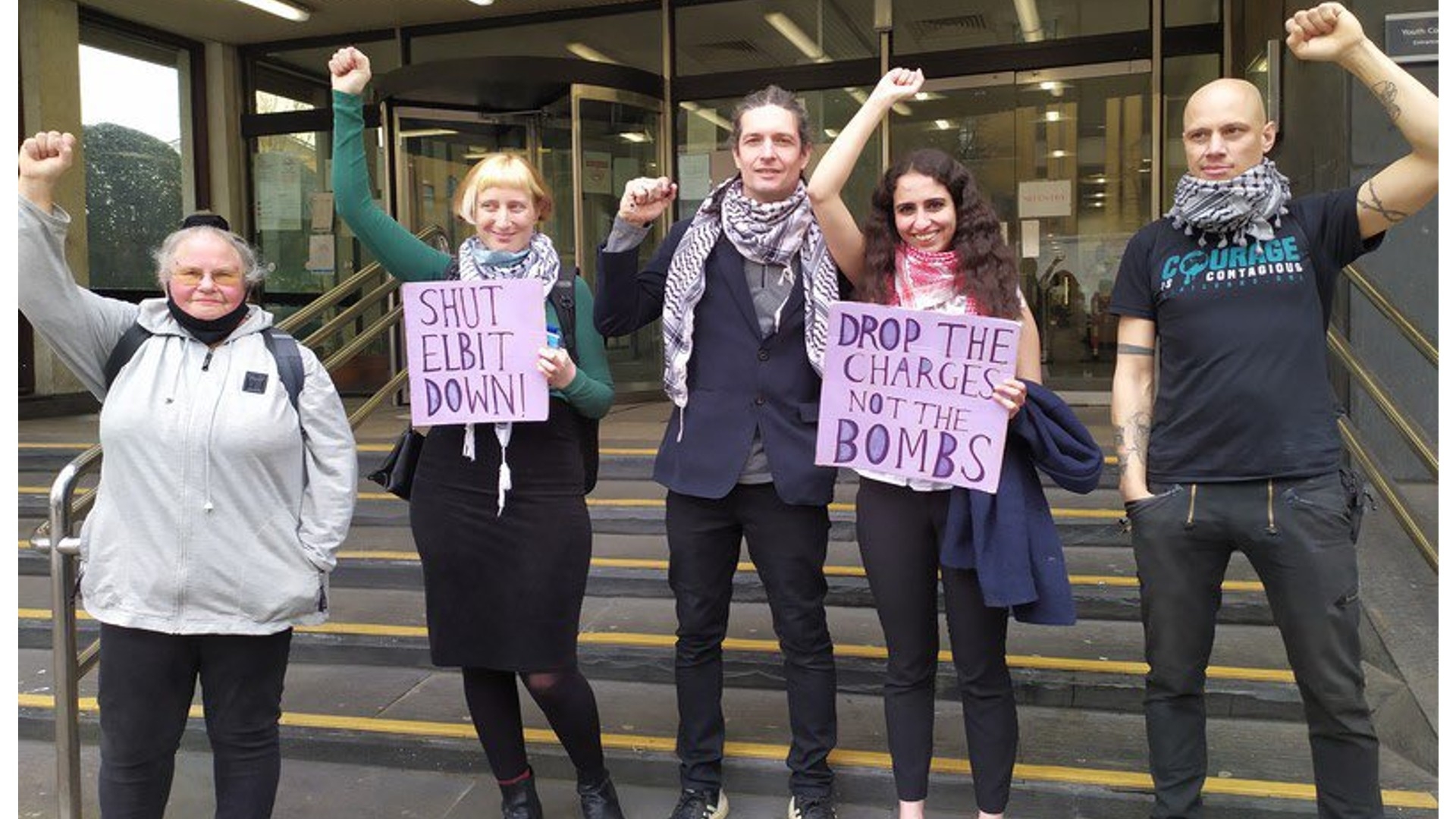 Members of Palestine Action, charged with conspiracy to blackmail, burgle and destroy Israel’s arms trade in Britain, outside Snaresbook Crown Court (Twitter)