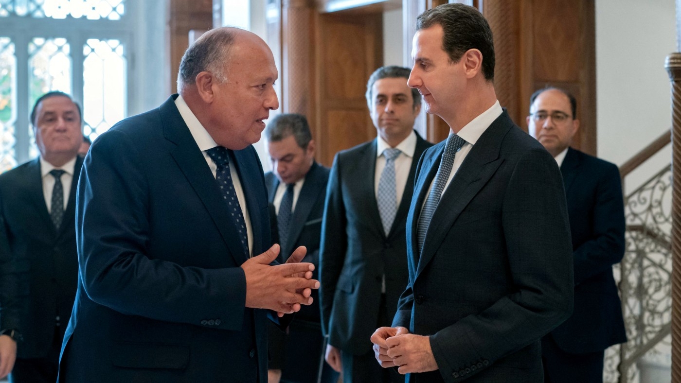 Syrian President Bashar al-Assad meets Egyptian Foreign Minister Sameh Shoukry in Damascus on 27 February 2023 (Reuters)