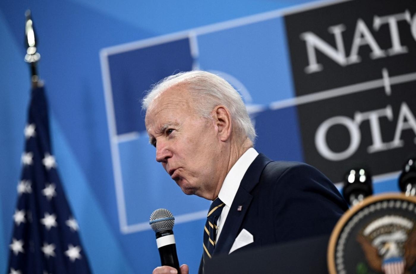 Le président américain Joe Biden prend la parole lors du sommet de l’OTAN à Madrid, le 30 juin 2022 (AFP)