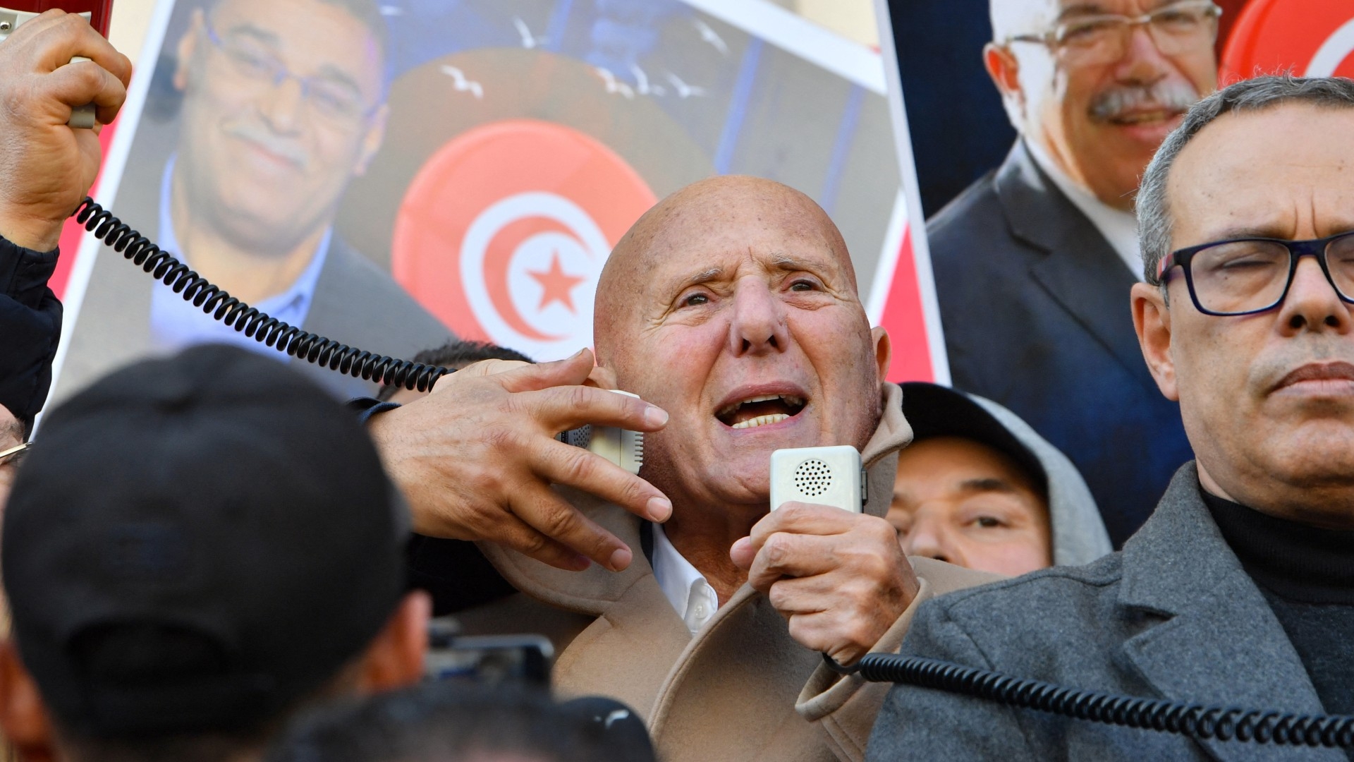 Ahmed Nejib Chebbi, leader of the opposition National Salvation Front, during in a demonstration in Tunis, Tunisia on 5 March 2023 (AFP)