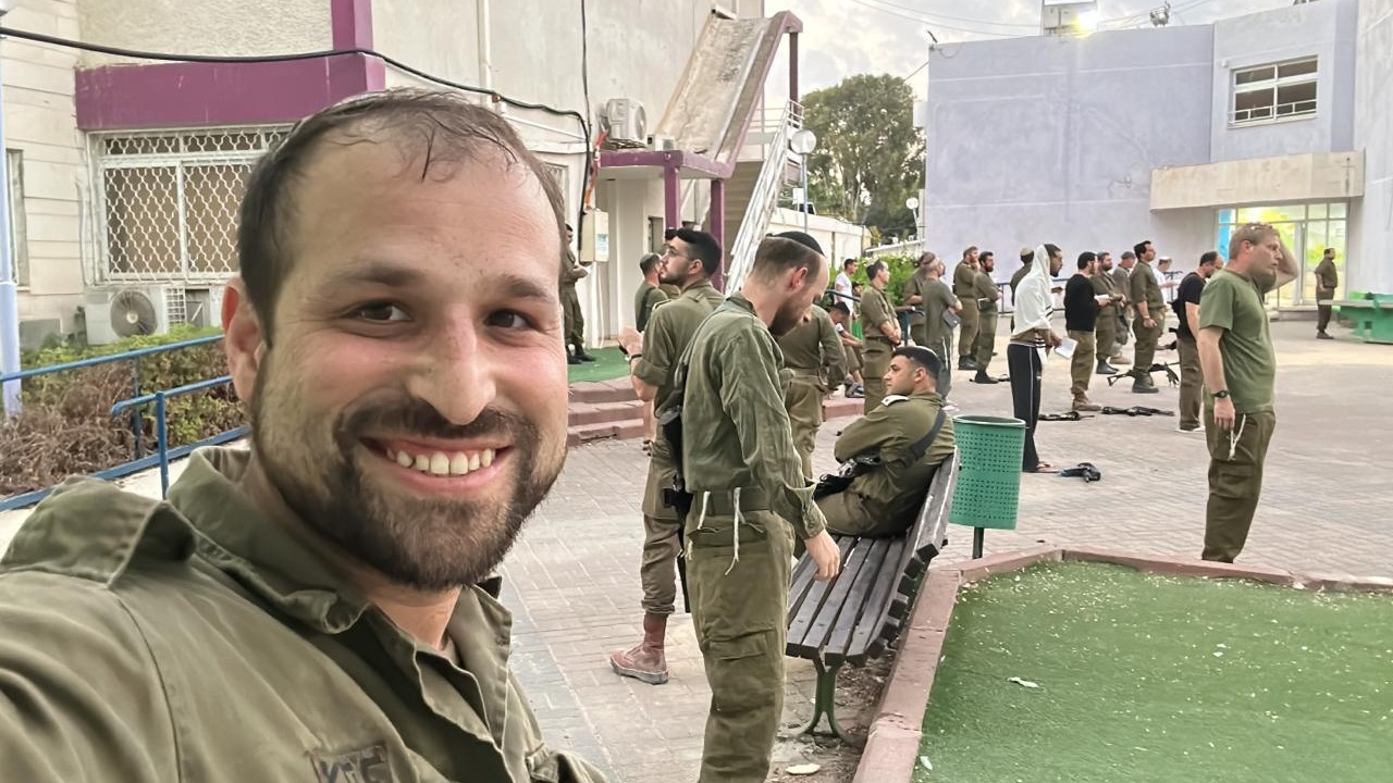 Rabbi Zecharia Deutsch sent pictures of himself posing with other fellow reservists in Israel to a Leeds University chaplaincy group chat on WhatsApp (Supplied)