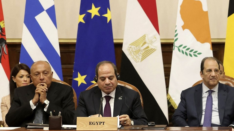 Egyptian President Abdel Fattah al-Sisi and his top officials attend a summit with EU leaders in Cairo on 17 March 2024 (Stavros Ioannides/Pio/AFP)