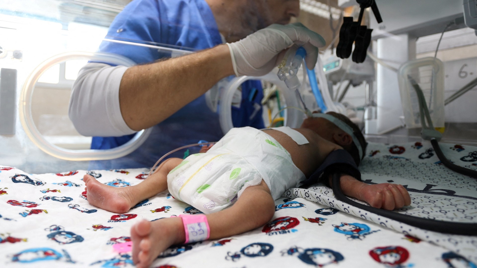 A medical worker assists a premature Palestinian baby who lies in an incubator at the maternity ward of Shifa Hospital in Gaza City, 22 October 2023 (Reuters)