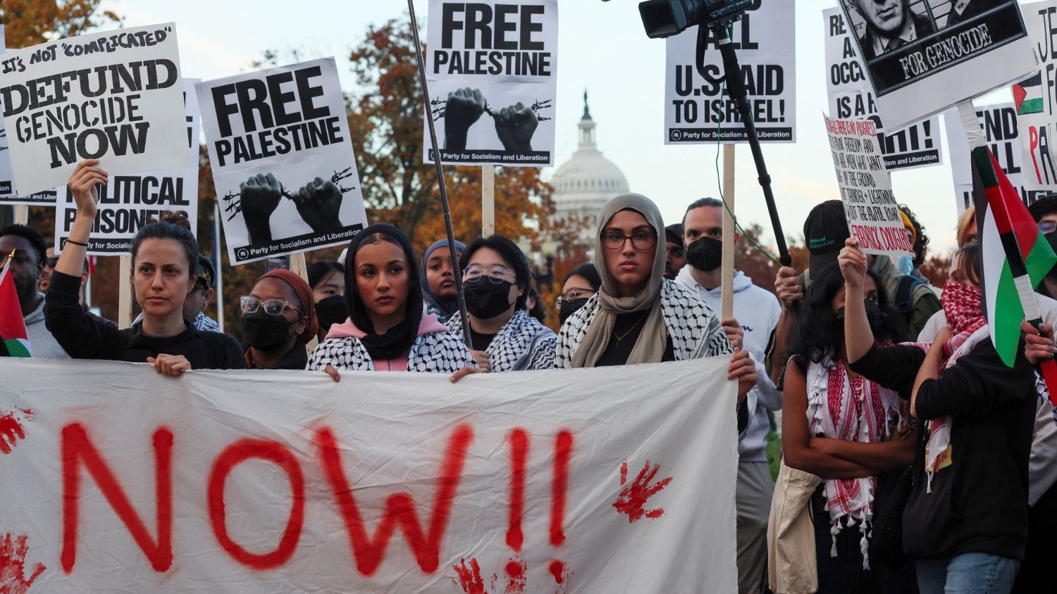 Protesters rally to demand that the US government push Israel for a ceasefire and to end U.S. aid to Israel near the US Capitol in Washington on 17 November 2023.