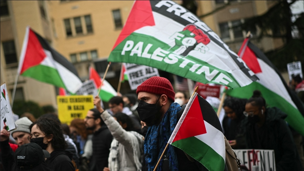 People supporting Palestine take part in the 'March for Gaza' in Washington DC, on 2 March 2024 (Mandel Ngan/AFP)