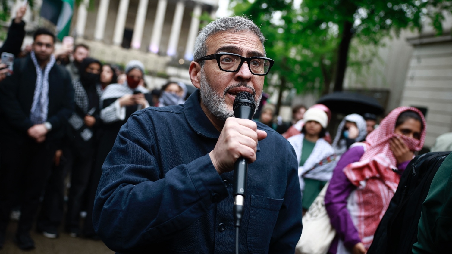 British-Palestinian plastic surgeon Ghassan Abu Sitta speaks to the press during a demonstration in support to Palestinian people at University College London main entrance on 3 May 2024.