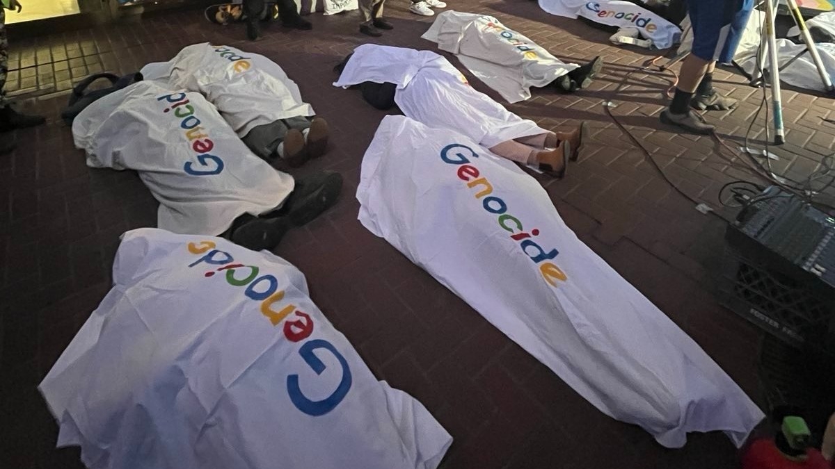 Google workers activists hold a protest at Google against the company's partnerships with Israel on 14 December 2023.