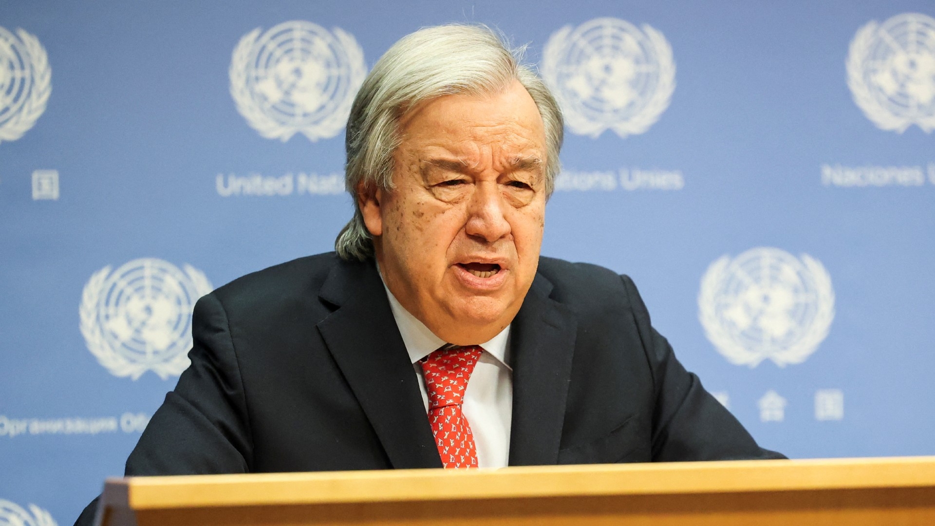 Secretary-General Antonio Guterres speaks at the United Nations Headquarters in New York City on 6 November (Reuters)