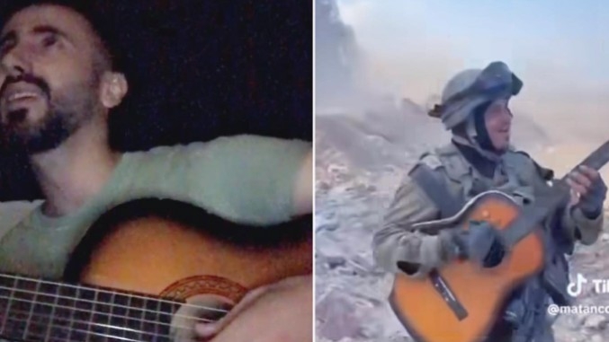 Hamada Nasrallah (L) plays with the guitar which he says an Israeli soldier seized from the rubble of his home in northern Gaza (Instagram/screengrab)