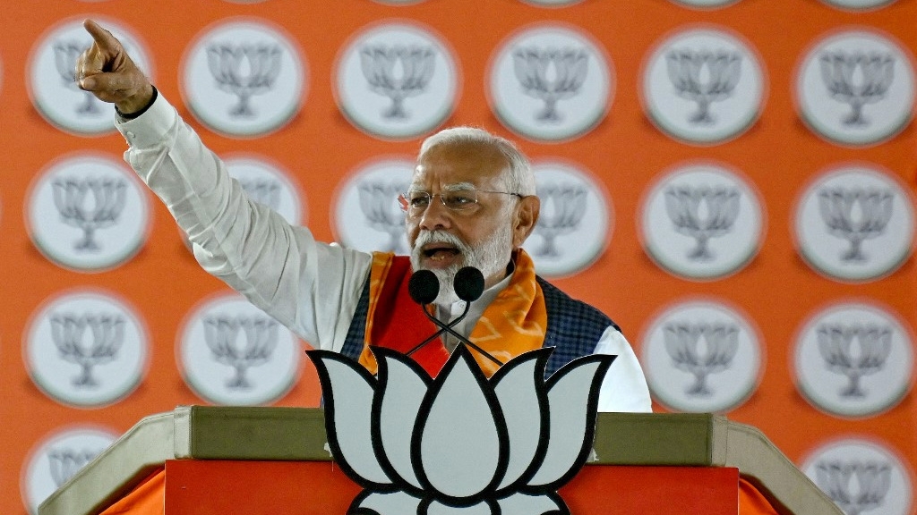 Indian Prime Minister Narendra Modi speaks in Hyderabad on 10 May 2024 (Noah Seelam/AFP)