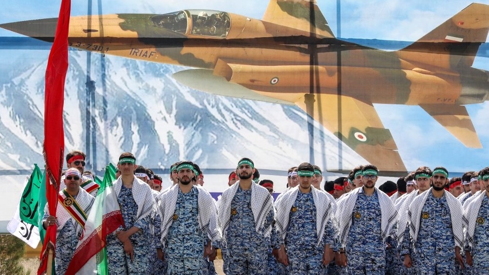 Iranian soldiers take part in a military parade during a ceremony marking the country's annual army day in Tehran on 17 April 2024 (AFP)