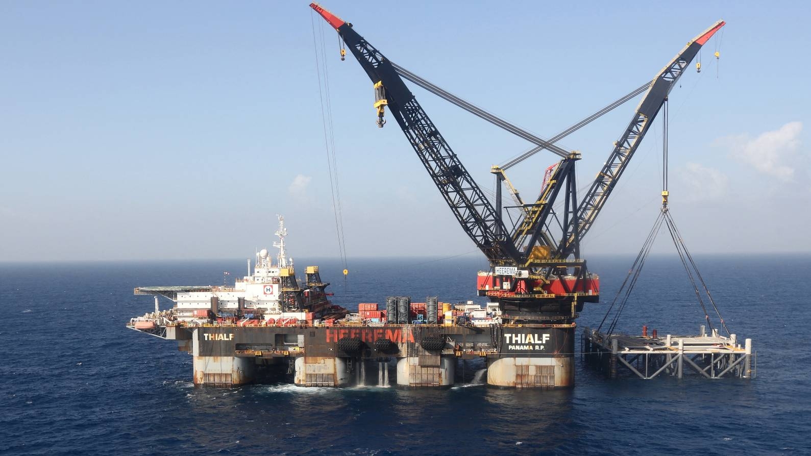A crane vessel laying the foundation platform for the Leviathan natural gas field in the Mediterranean Sea, 81 miles west of the coast  of the city of Haifa.