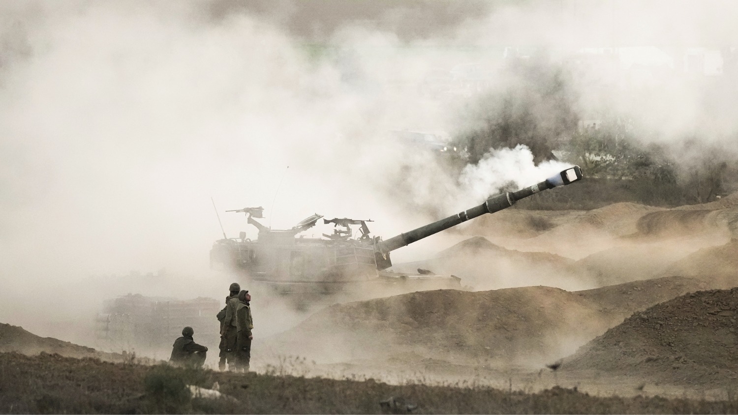 An Israeli mobile artillery unit fires a shell from southern Israel towards Gaza, in a position near the Israel-Gaza border on 25 October 2023.