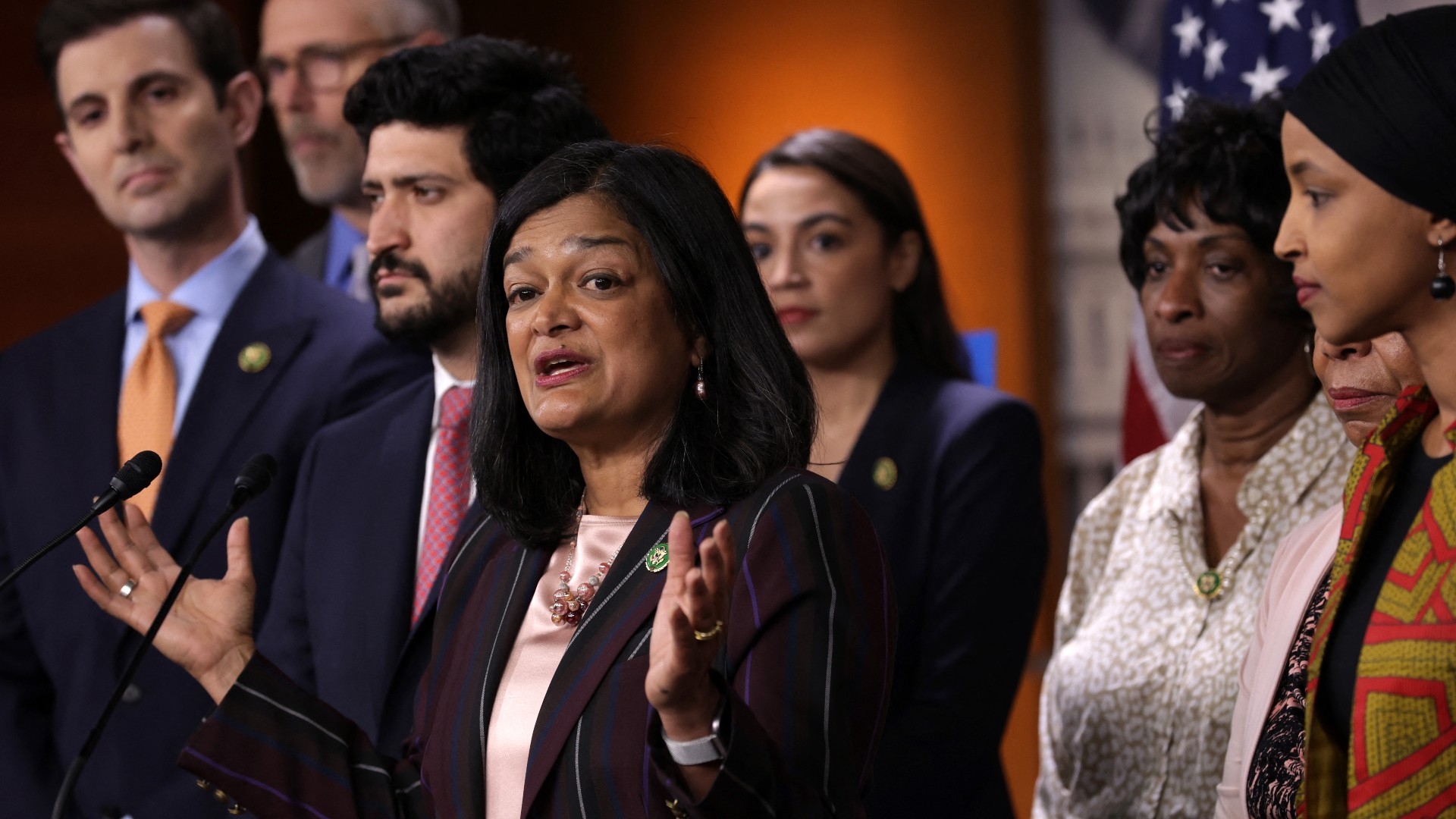 US Representative Pramila Jayapal speaks during a news conference at the US Capitol on 24 May 2023 in Washington DC (AFP)