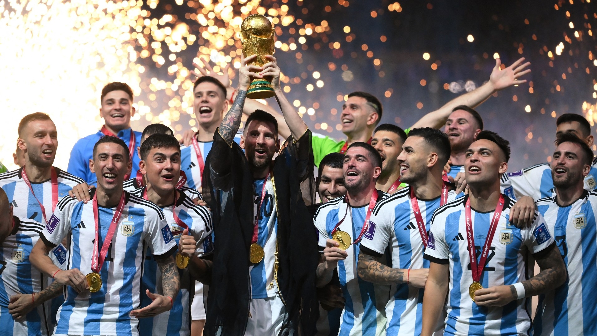 Lionel Messi lifts the World Cup trophy after Argentina defeat France at Lusail Stadium north of Doha, Qatar on 18 December 2022