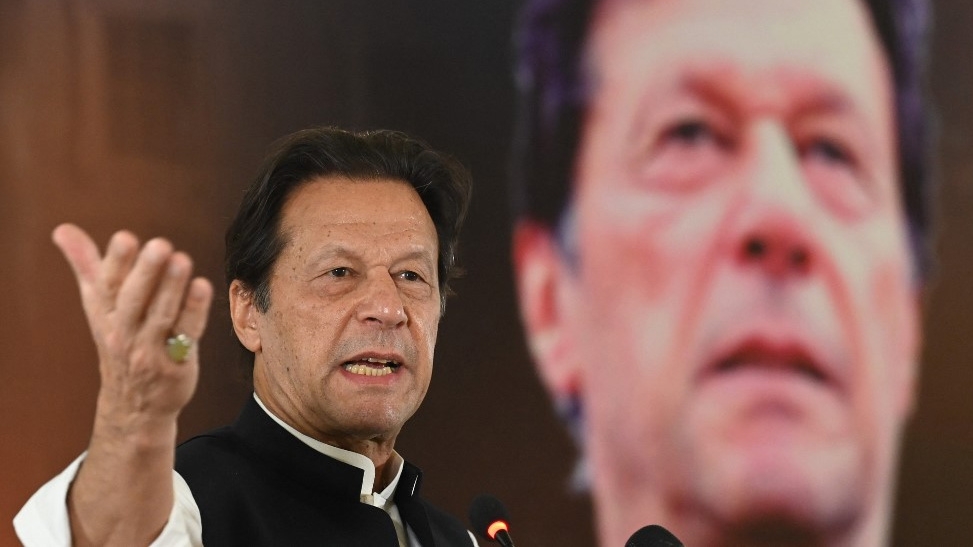 Former Pakistani Prime Minister Imran Khan speaks in Islamabad on 22 June 2022 (Aamir Qureshi/AFP)