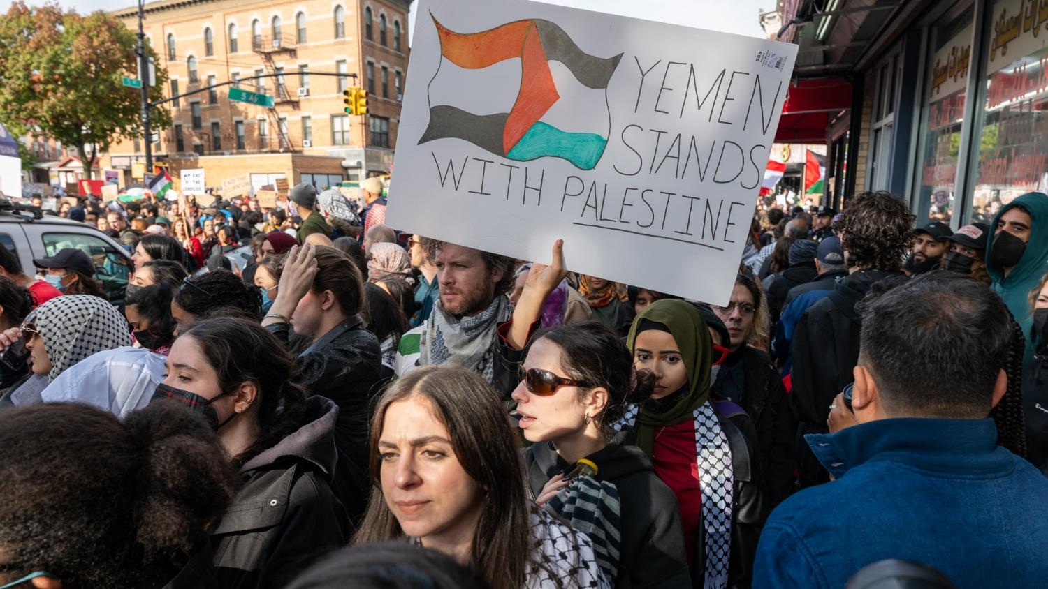 Supporters of Palestine hold a rally in the Bay Ridge neighborhood on 21 October 2023 in the Brooklyn borough in New York City.