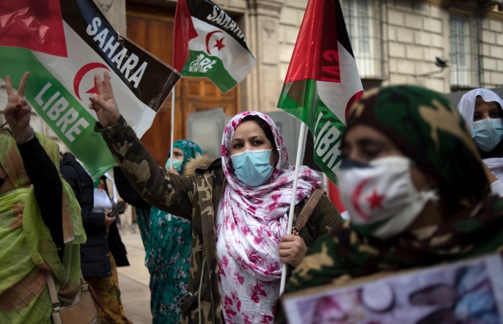 People take part in a demonstration in support of the Sahrawi people's rights in Malaga, Spain on 28 November 2020.