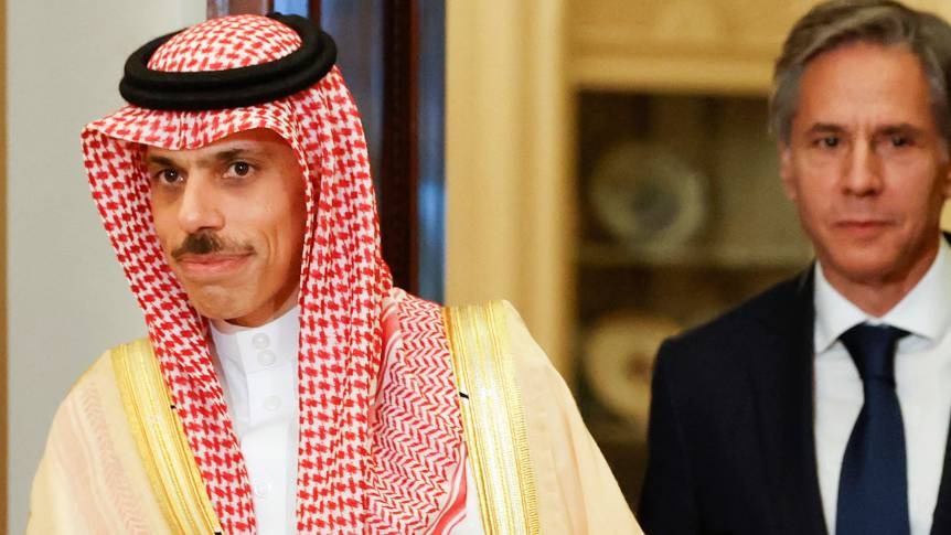 Saudi Prince Faisal bin Farhan spoke at a news conference in Washington on Friday.