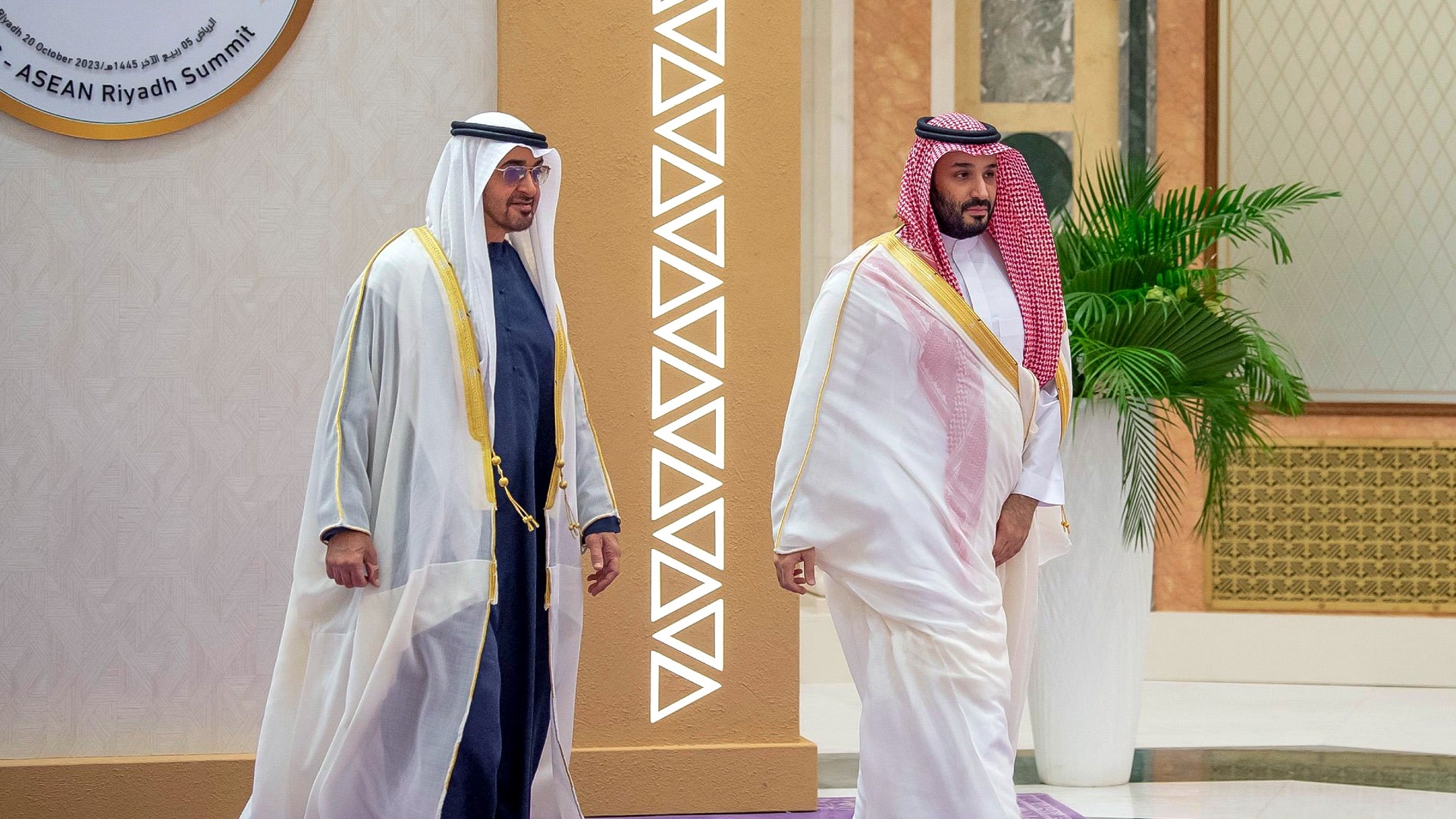 UAE President Mohammed bin Zayed and Saudi Crown Prince Mohammed bin Salman attend a summit in Riyadh on 20 October 2023 (Hamad al-Kaabi/UAE Presidential Court/AFP)