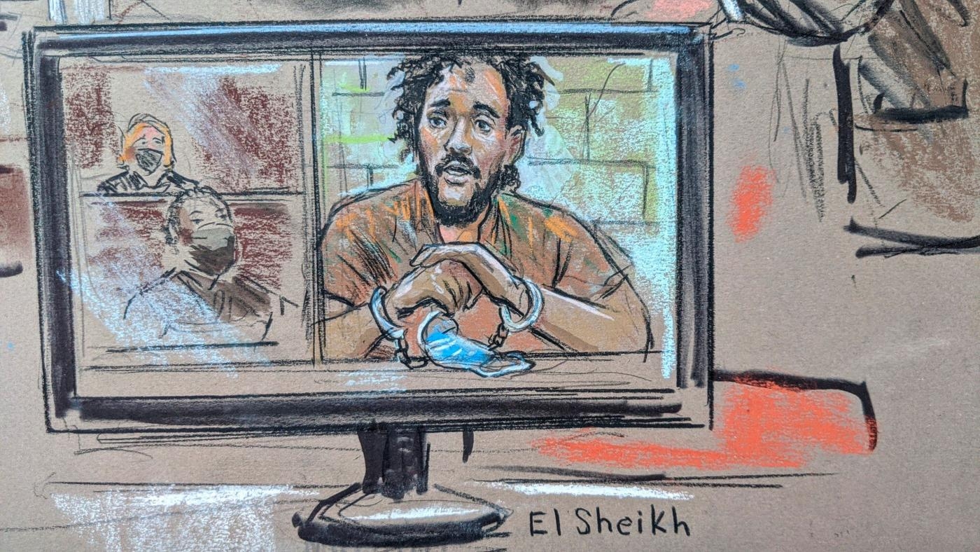 A courtroom sketch shows El Shafee Elsheikh appearing via video link at the US District Court in Alexandria, Virginia.