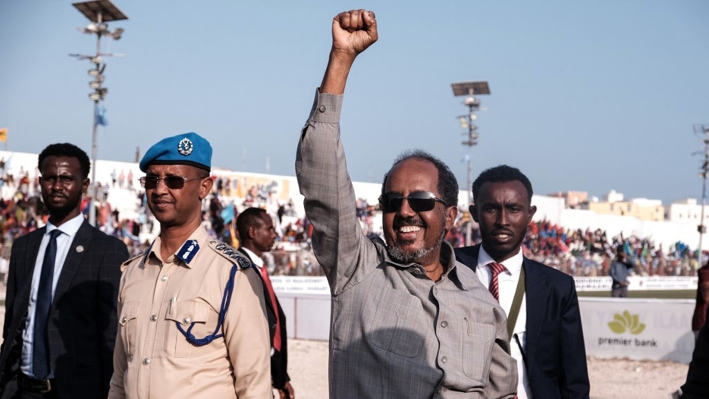 Somali President Hassan Sheikh Mohamud (C) attends a rally against al-Shabab in Mogadishu on 12 January 2023 (AFP)