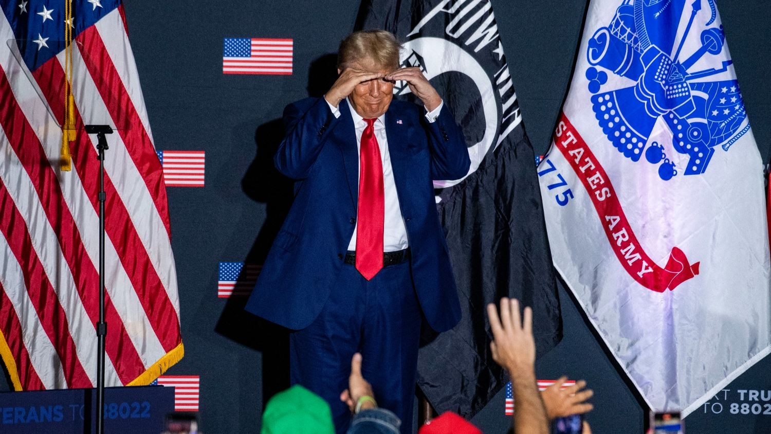 Former US President Donald Trump arrives to speak during a campaign rally in Windham, New Hampshire, on 8 August 2023.