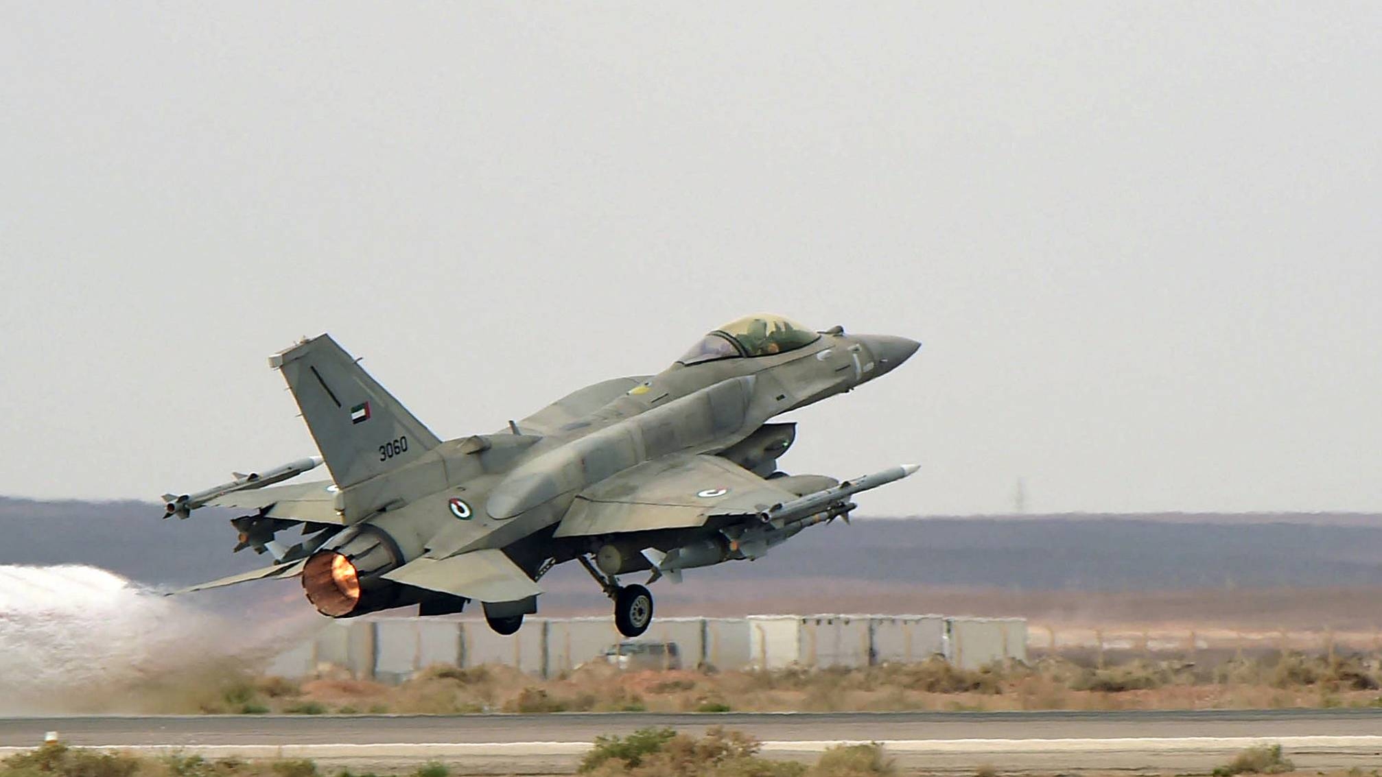An American-made F-16 jet of the UAE's armed forces takes off from an air base in Jordan on 15 February 2015.