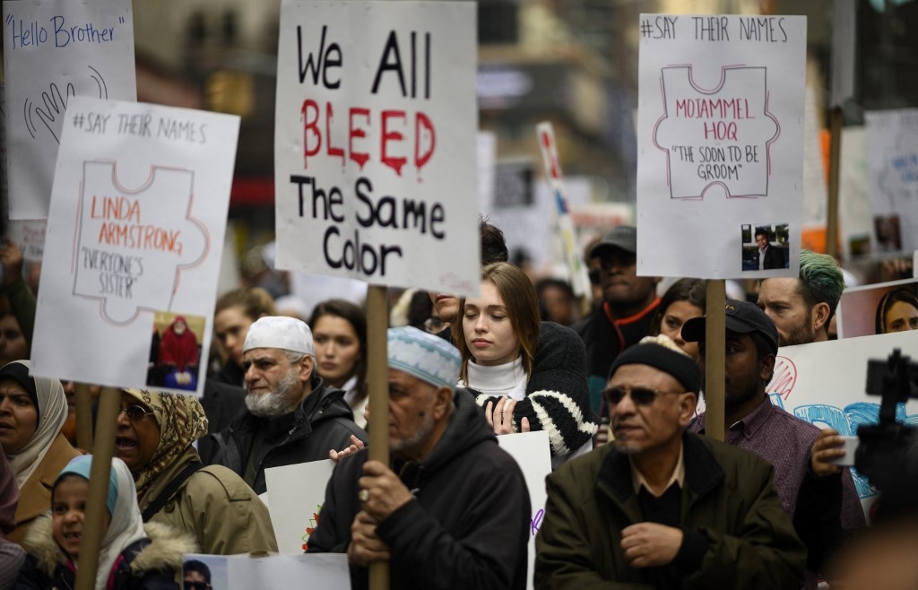 Demonstrators take part in a protest against growing Islamophobia, white supremacy, and anti-immigrant bigotry 24 March 2019 in New York City.
