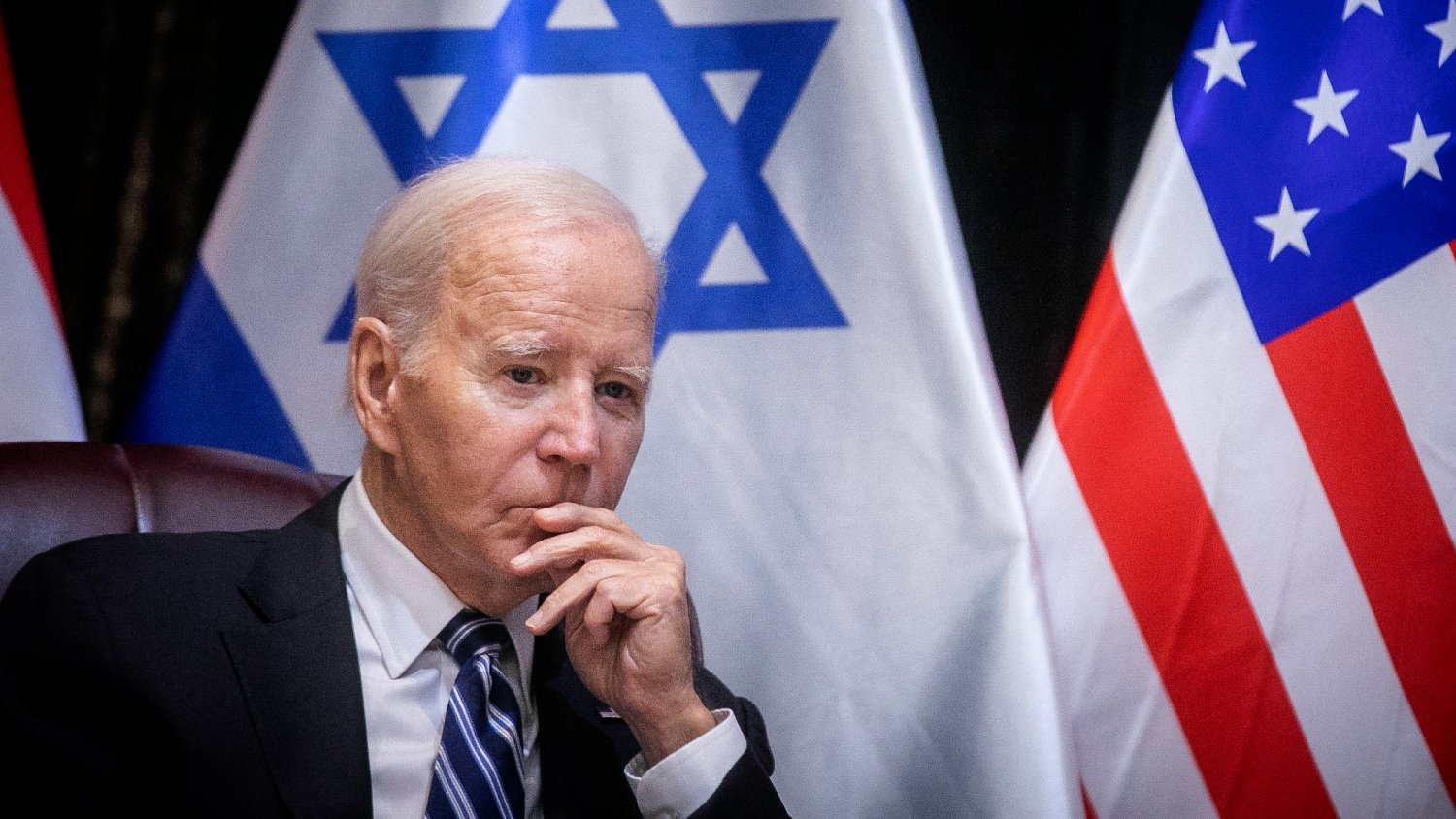 US President Joe Biden joins Israel's prime minister for the start of the Israeli war cabinet meeting, in Tel Aviv on 18 October 2023.