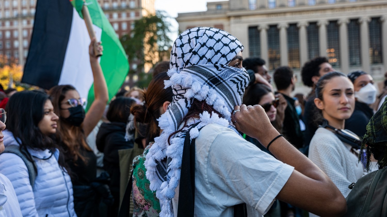 Columbia students participate in a rally in support of Palestine at the university on 12 October 2023 in New York City.