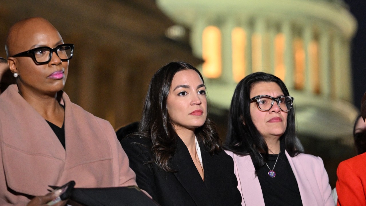 Ayanna Pressley, Alexandria Ocasio-Cortez, and Rashida Tlaib attend a rabbis news conference calling for a ceasefire in Gaza in Washington on 13 November 2023.