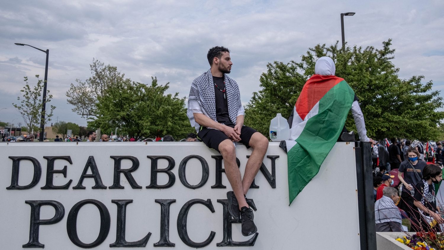Hundreds of residents of Dearborn, Michigan gather outside of the Dearborn police department on 15 May 2021 to protest the actions of the Israeli army in Gaza.