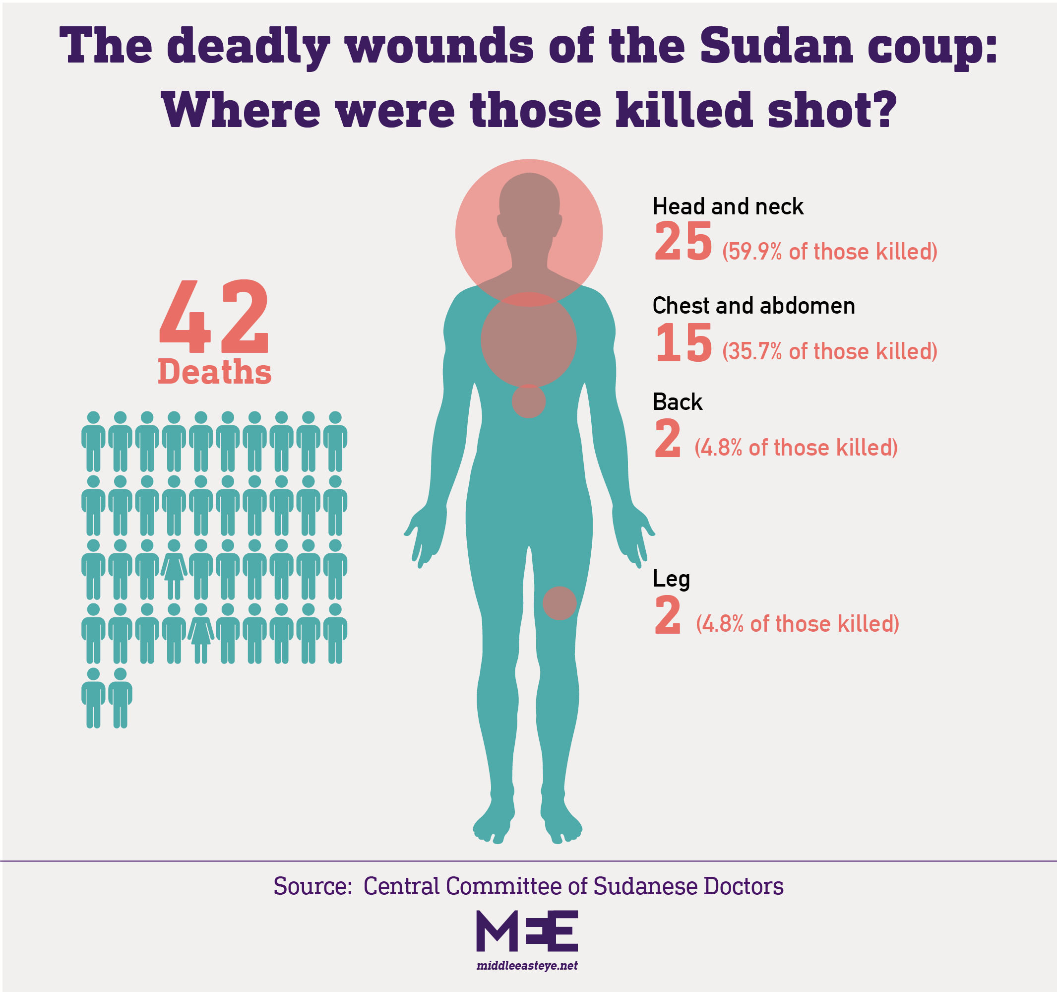 Graphic showing the statistics regarding fatal injuries to Sudanese protesters (MEE)