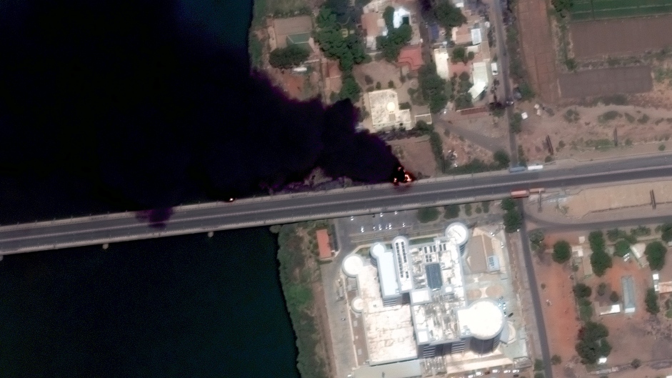 This satellite image provided by Maxar Technologies shows fires burning near a hospital in Khartoum, Sudan, on 16 April 2023