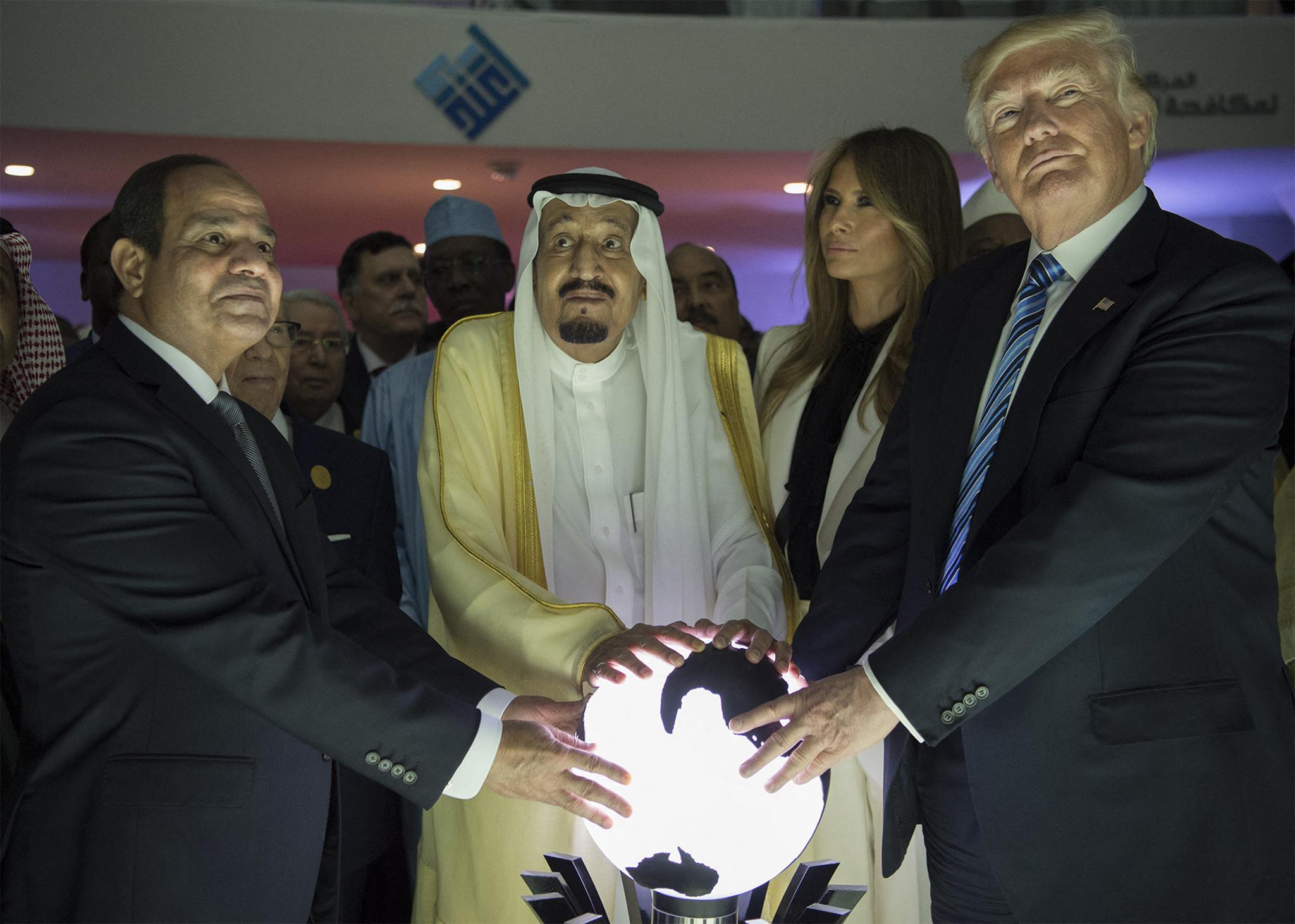 US President Donald Trump poses for a picture with Egyptian President Abdel Fattah el-Sisi and Saudi King Salman bin Abdulaziz during Trump's visit to Riyadh in 2017.