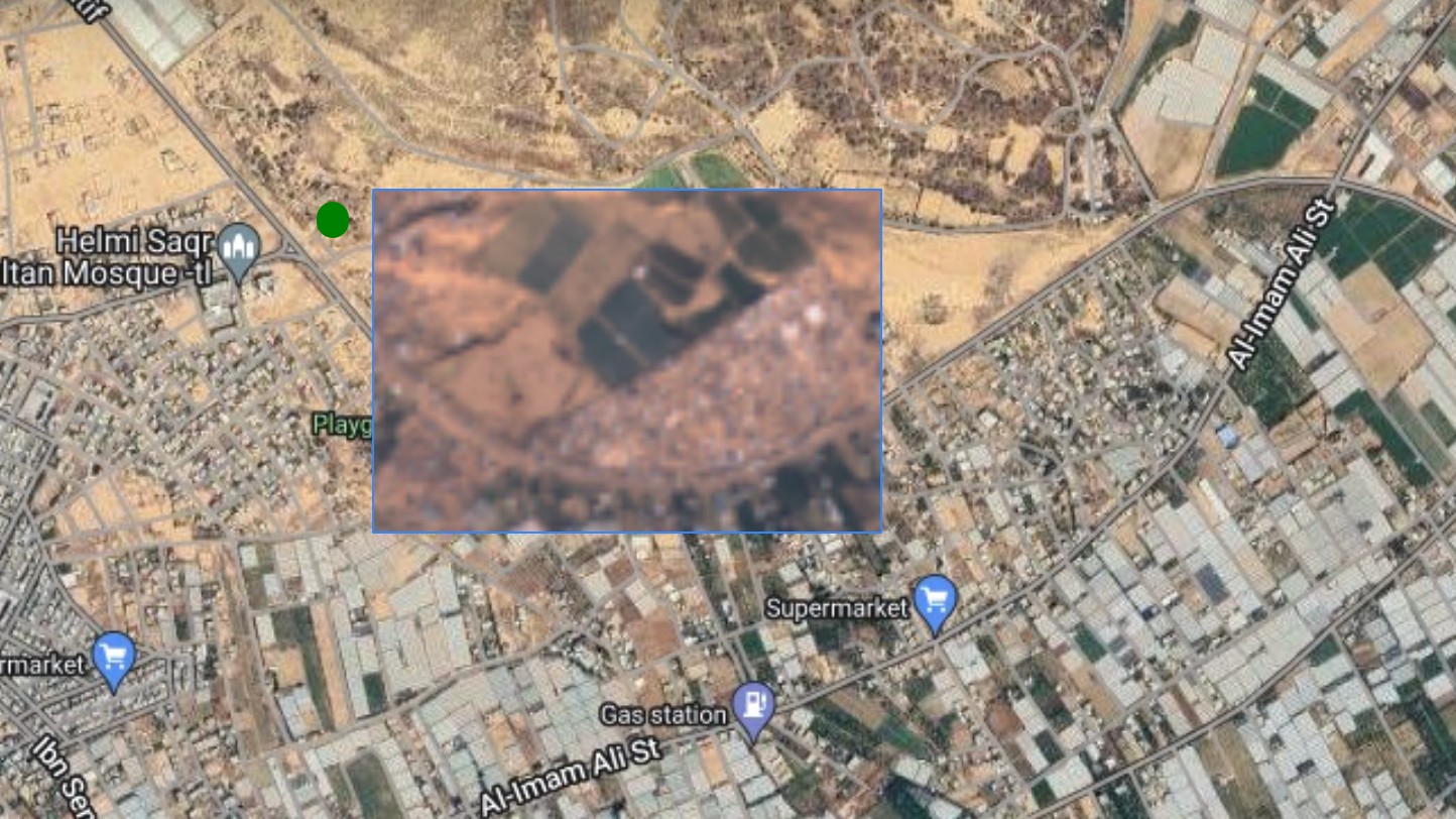 An image taken on 26 December by a Sentinel satellite shows tents belonging to displaced Palestinians set up in the location designated for a field hospital (Soar/Sentinel Hub)