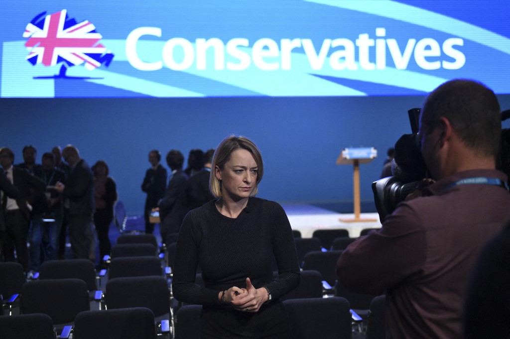 Journalist Laura Kuenssberg speaks to the camera at a Conservative Party conference in Manchester, England, in October 2017 (AFP)