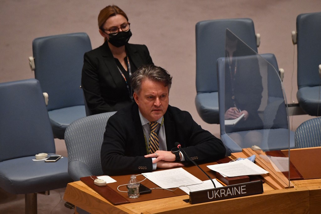 Ukraine’s UN representative, Sergiy Kyslytsya, speaks during a Security Council meeting in New York City on 28 February 2022 (AFP)