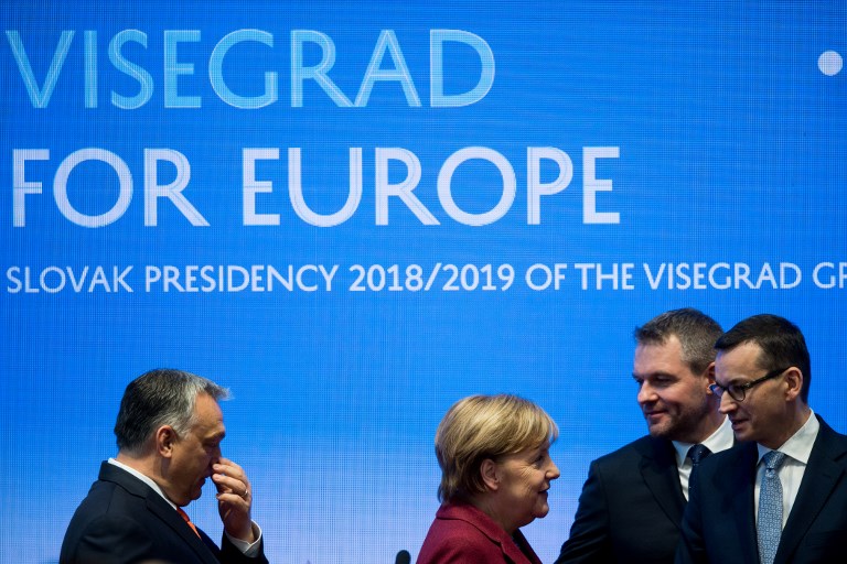 Hungarian Prime Minister Viktor Orban, German Chancellor Angela Merkel, Slovakian Prime Minister Peter Pellegrini and Polish Prime Minister Mateusz Morawiecki at the February Visegrad summit (AFP)
