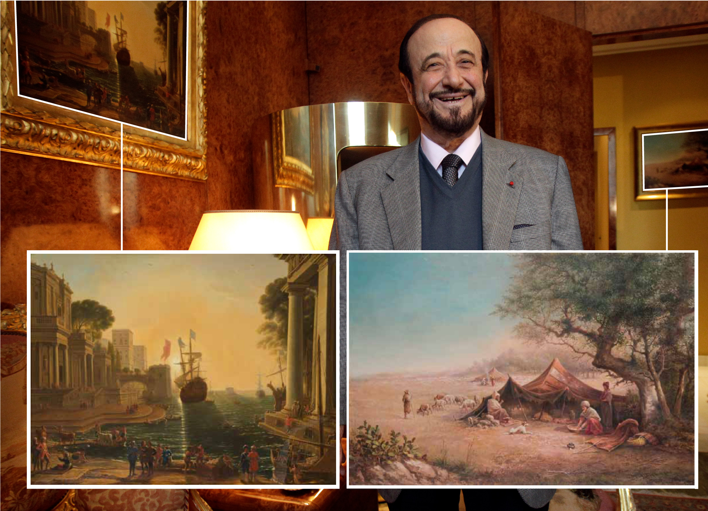 Rifaat al-Assad in his townhouse on Avenue Foch, Paris, in 2011, with two of the paintings - by De Toursky (R) and Gelee (L) - auctioned off by Ader. (Michel Euler/AP/SIPA/Ader screenshots)