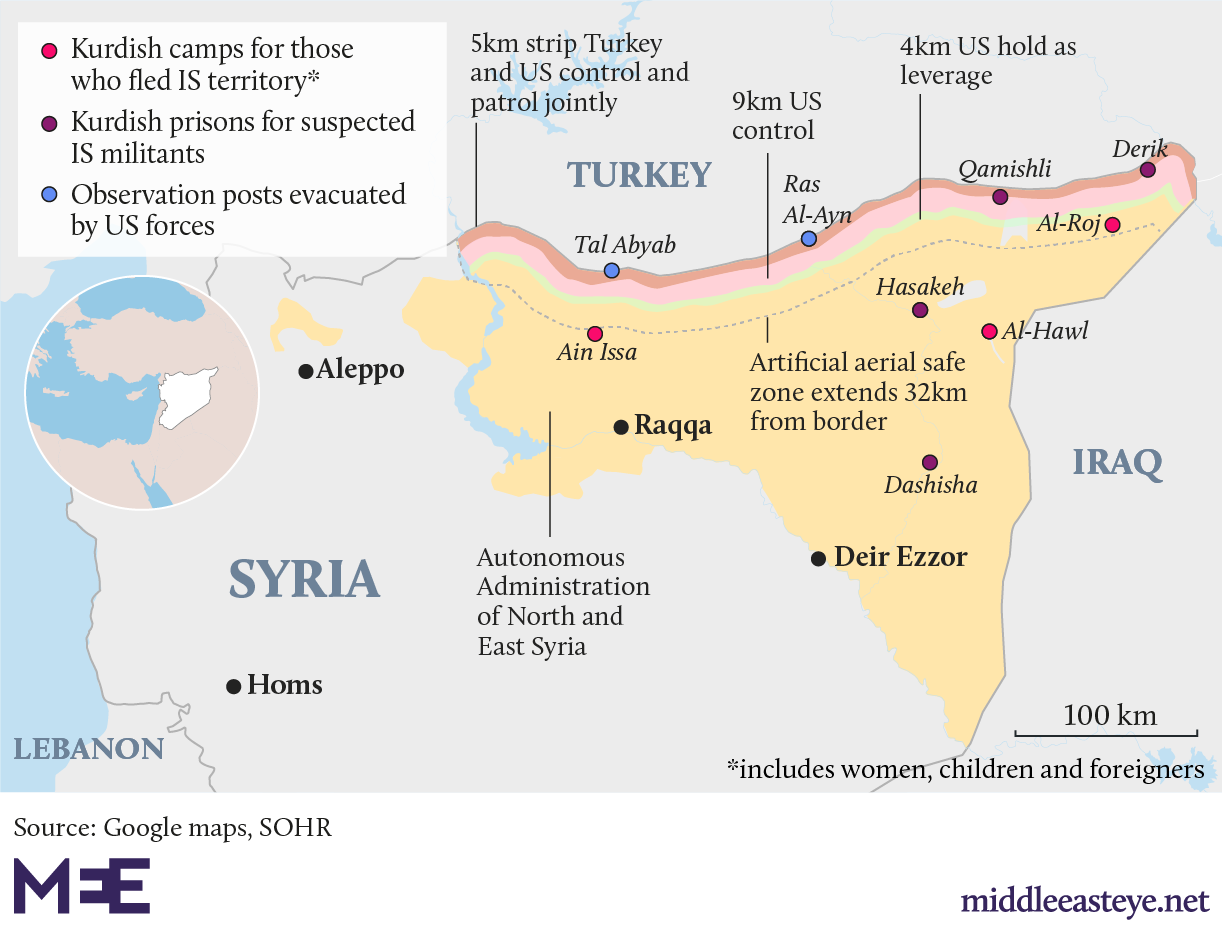 Map showing where SDF-run detention centres and prisons for IS captives are across Syria (MEE)
